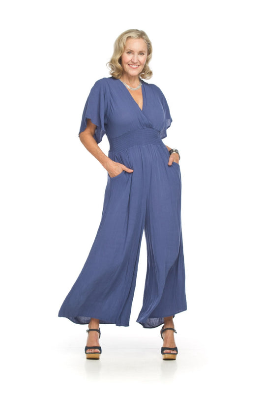 PP18828 DENIM Short Sleeve Wrap Top Wide Leg Jumpsuit