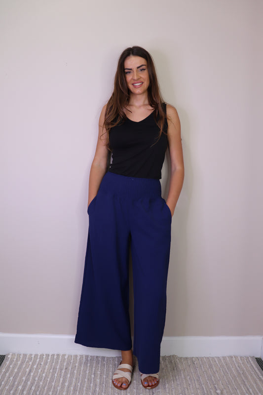 PP16810 NAVY Wide Leg Pants with Smocking Waistband