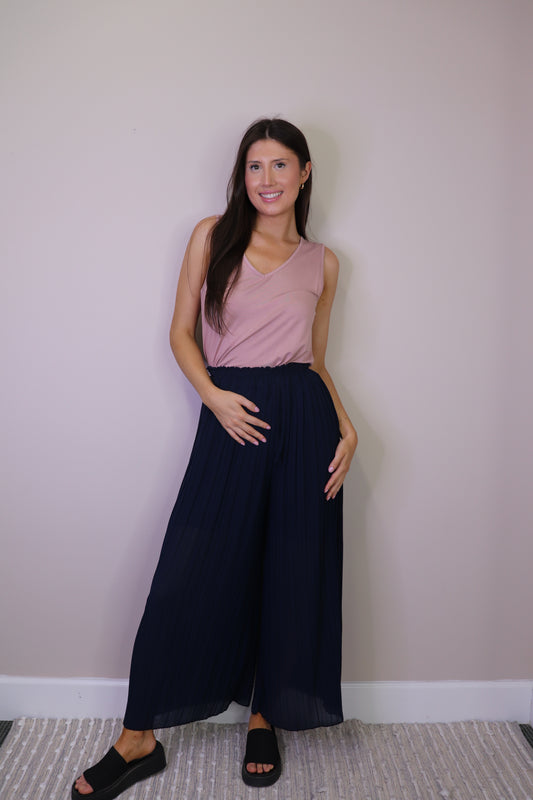 PP16814 NAVY Georgette Layered Pleated Pants with Elastic Waist