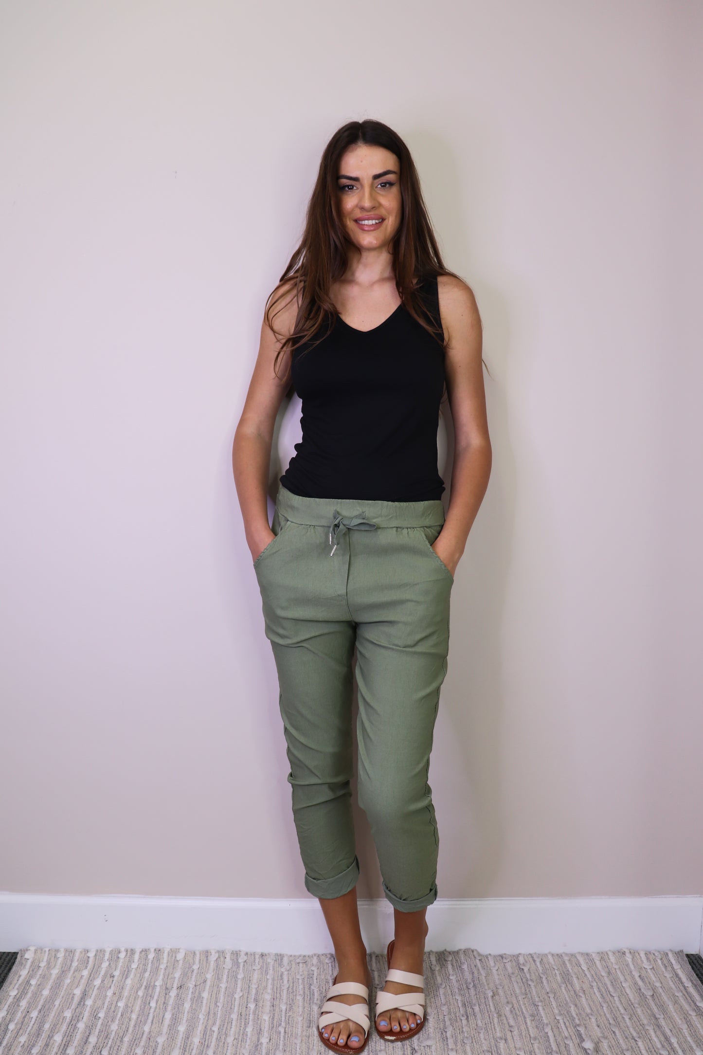 PP16816 KHAKI Crinkle Joggers with Drawstring Waist