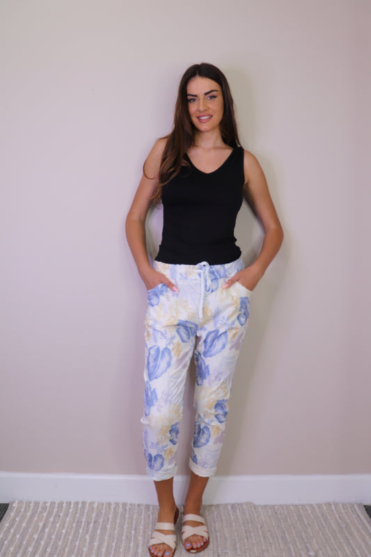 PP16817 BLUE Floral Crinkle Joggers with Drawstring Waist