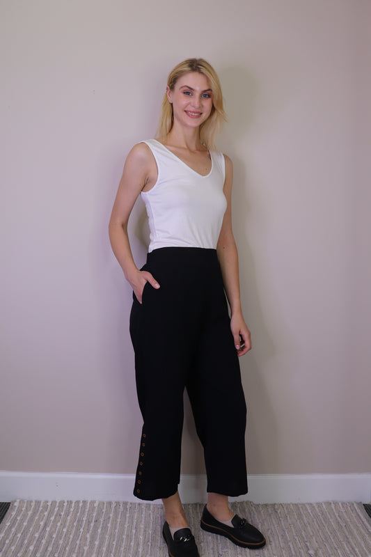 PP16819 BLACK Cotton Wide Leg Pants with Side Button Detail