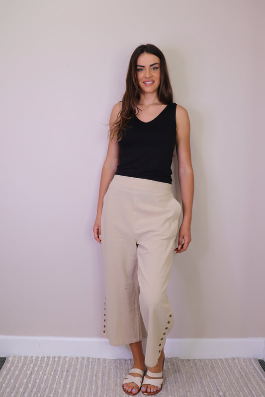 PP16819 STONE Cotton Wide Leg Pants with Side Button Detail