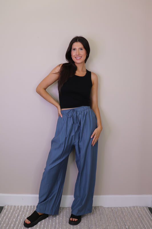 PP16820 DENIM Crinkled Wide Leg Pants w Elastic Waist & Pockets