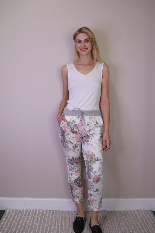 PP16826 PINK Floral Stretch Cotton Blend Pants w Elastic Waist