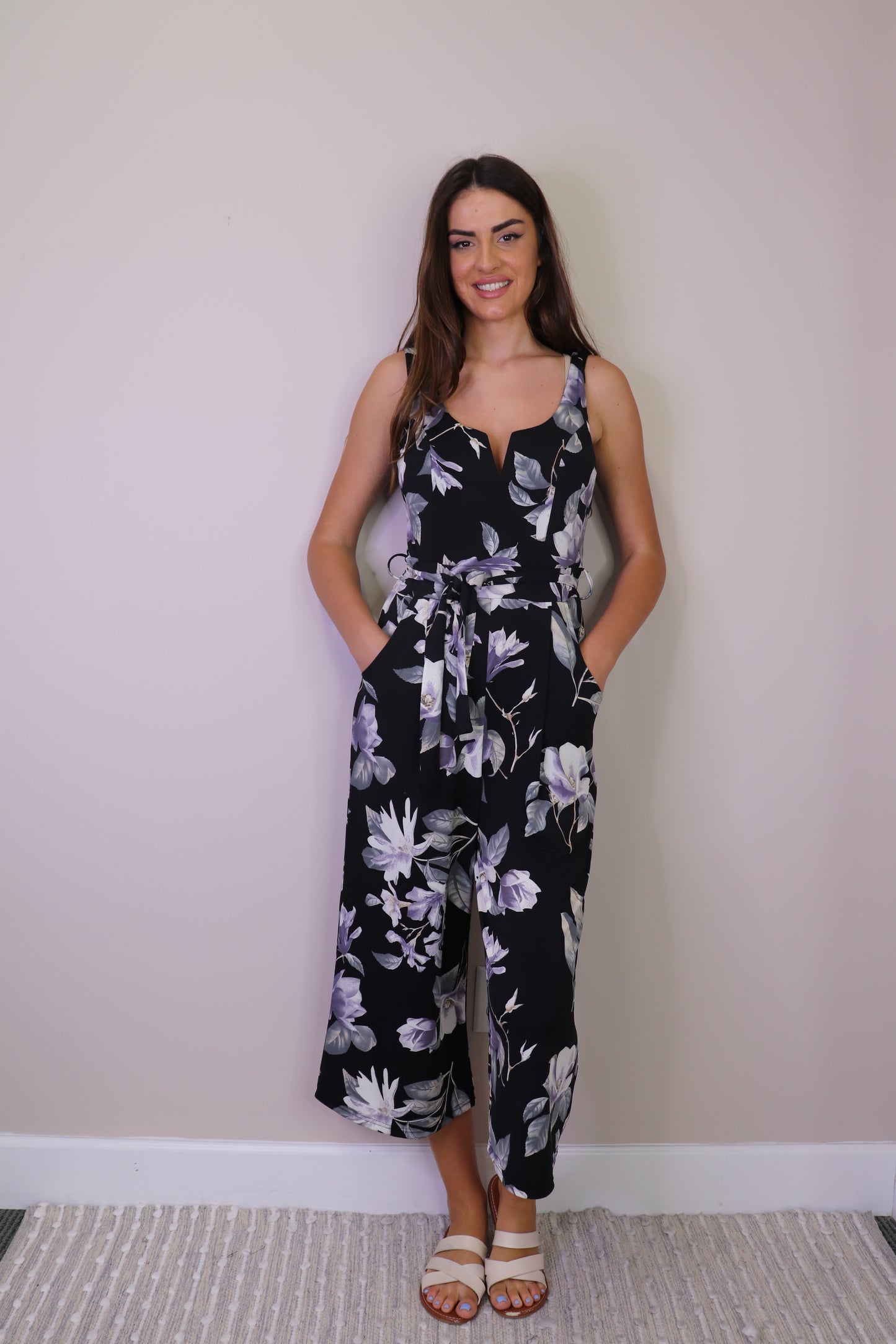 PP16831 BLACK Floral Stretch Jumpsuit with V Boning