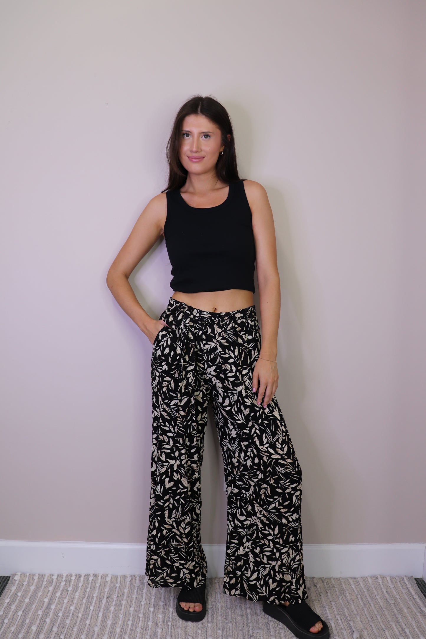 PP16836 BLACK Floral Wide Leg Pants with Tie Belt