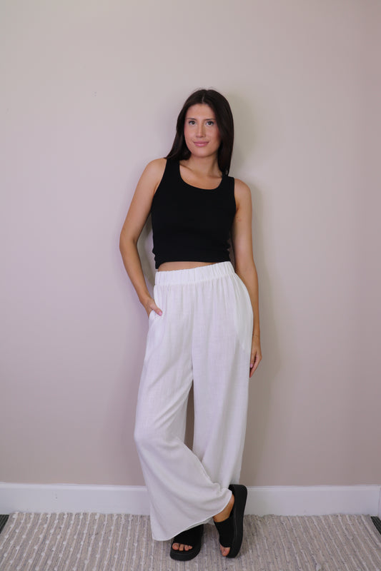 PP16838 WHITE Linen Blend Wide Leg Pants