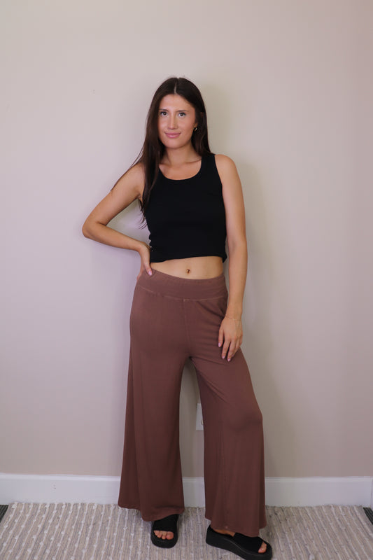 PP16839 MOCHA BAMBOO WIDE LEG KNIT CULOTTE PANTS