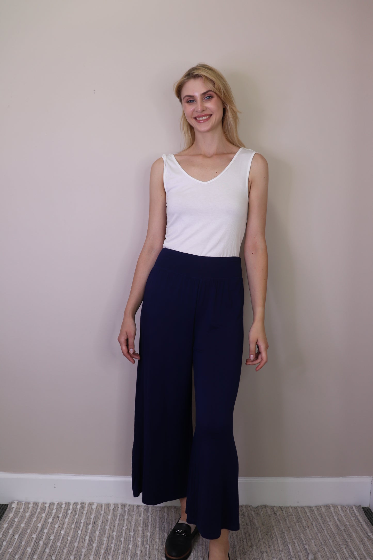 PP16839 NAVY BAMBOO WIDE LEG KNIT CULOTTE PANTS