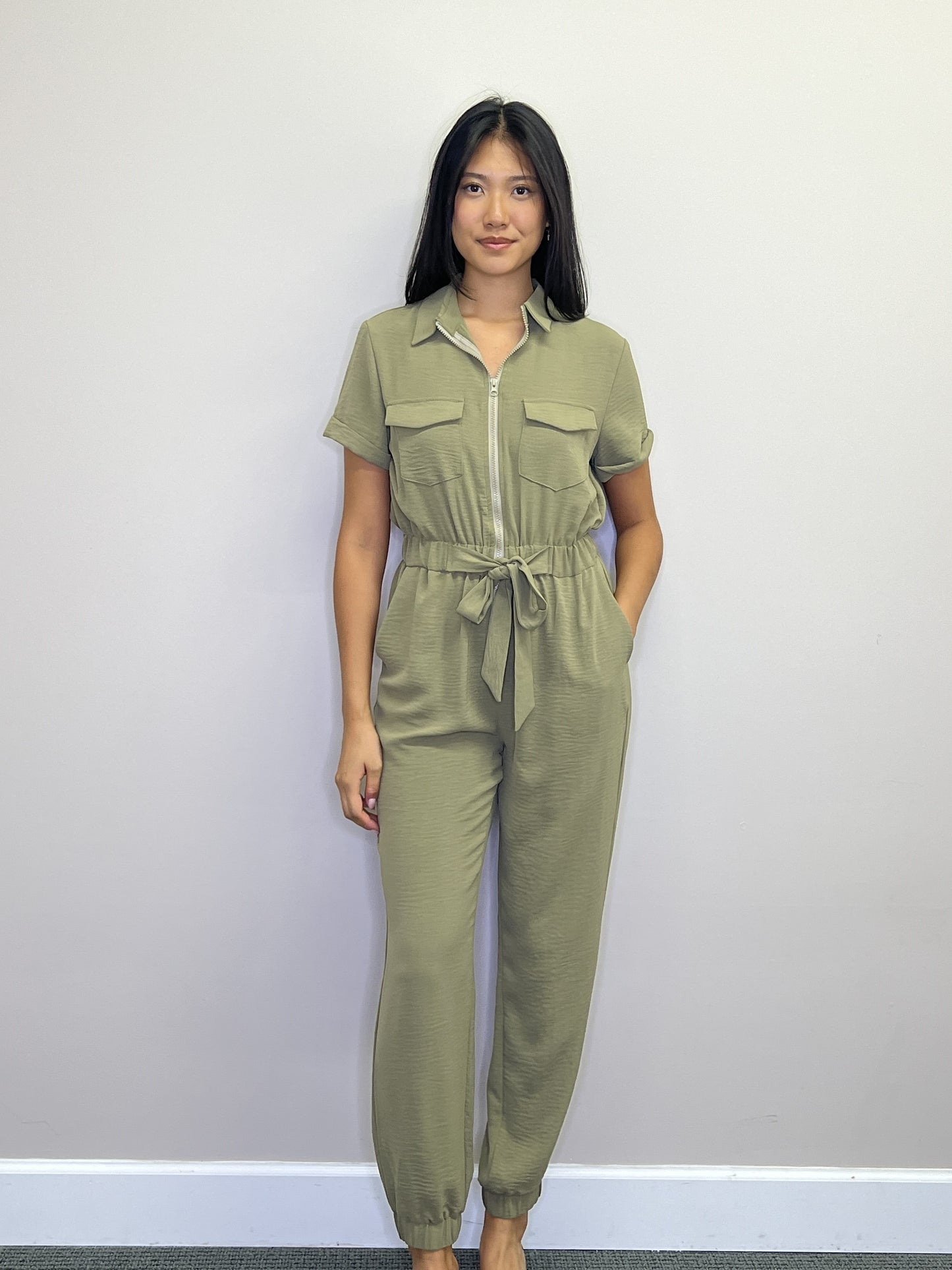 PP18809 KHAKI Short sleeve jogger bottom jumpsuit