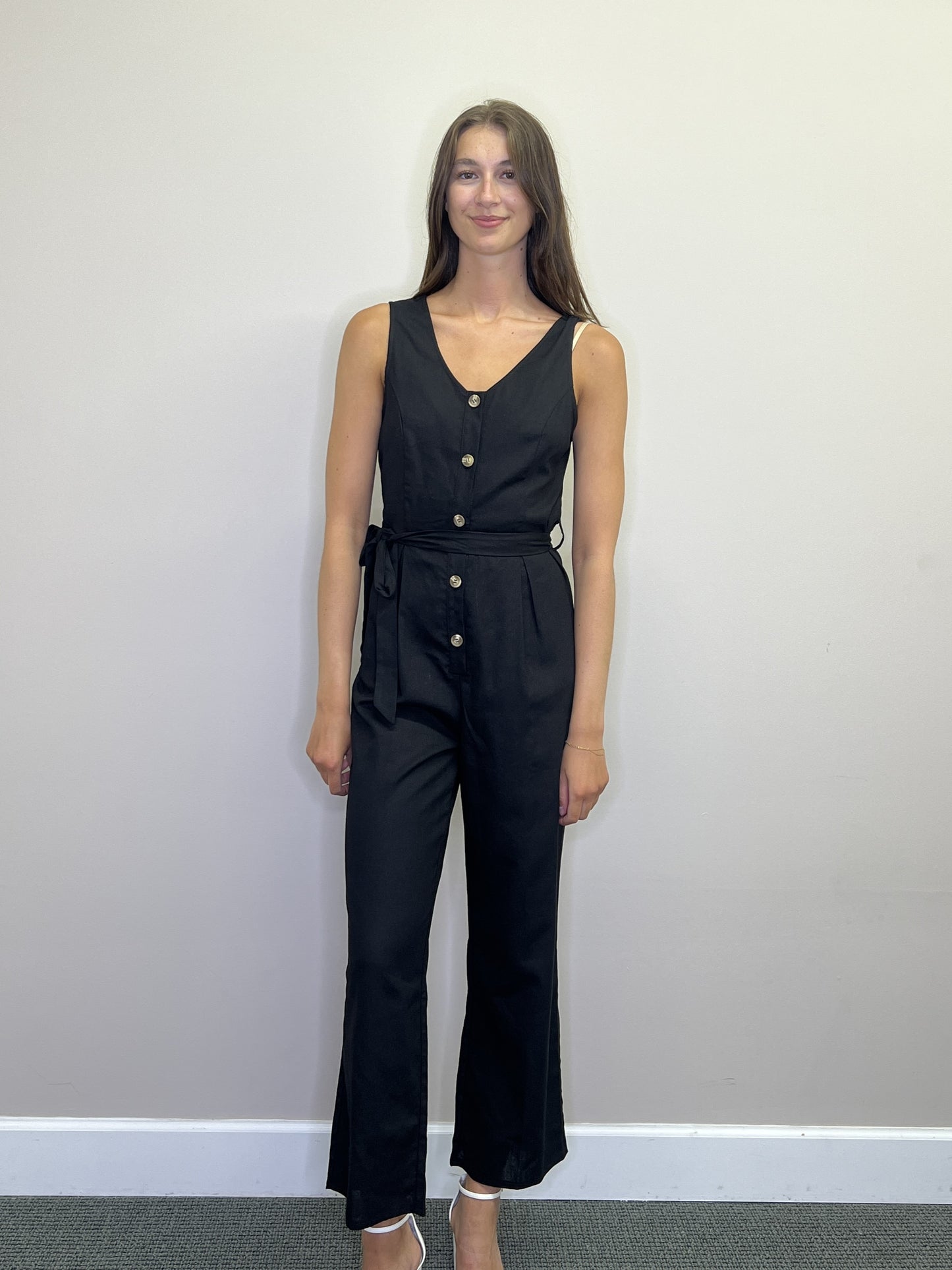 PP18810 BLACK Button front tank jumpsuit w pockets