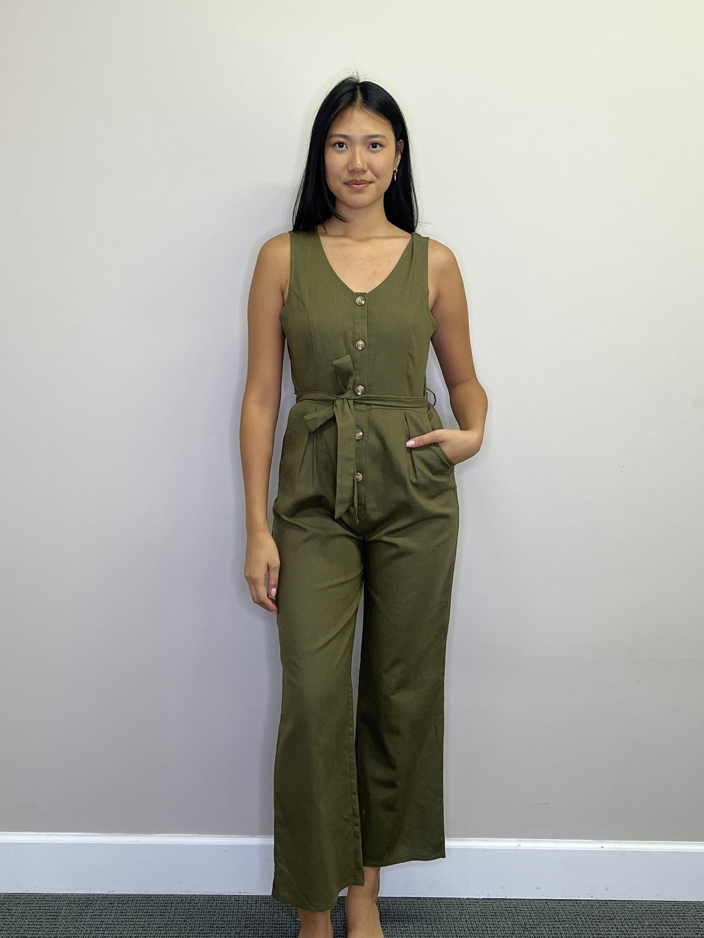 PP18810 OLIVE Button front tank jumpsuit w pockets