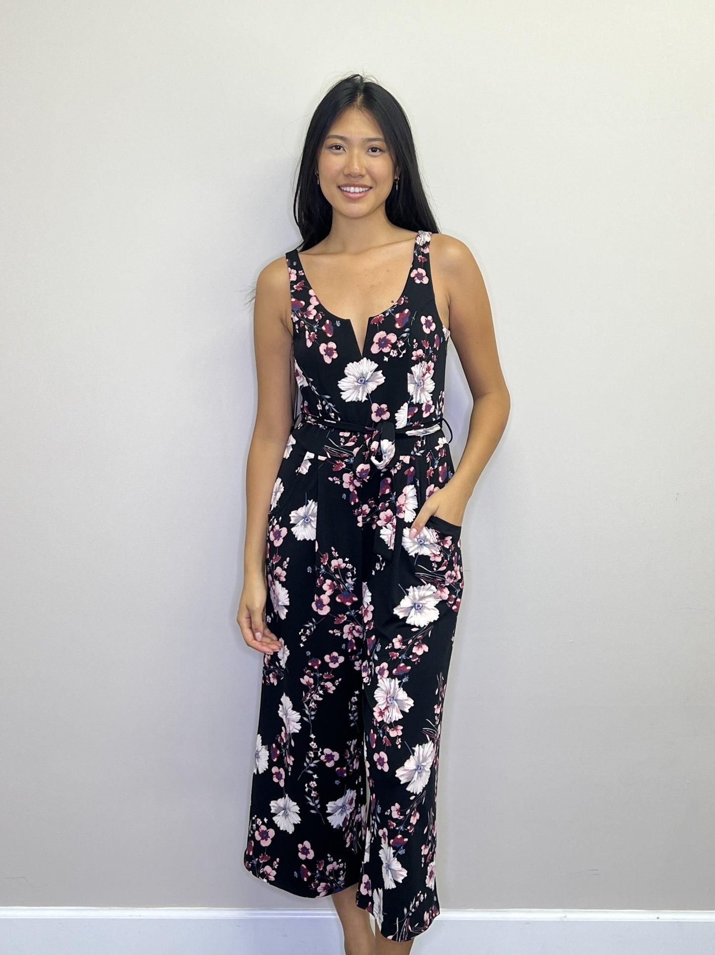 PP18818 BLACK Floral Stretch Jumpsuit with V Boning & Pockets