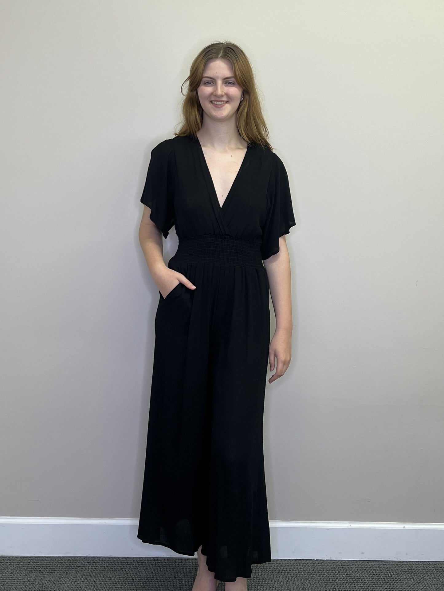 PP18828 BLACK Short Sleeve Wrap Top Wide Leg Jumpsuit