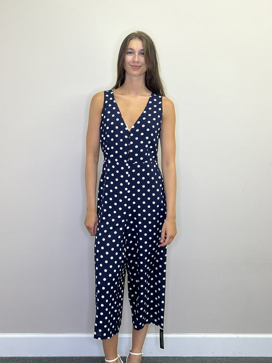 PP18830 NAVY Polka Dot Button Front Jumpsuit with Pockets