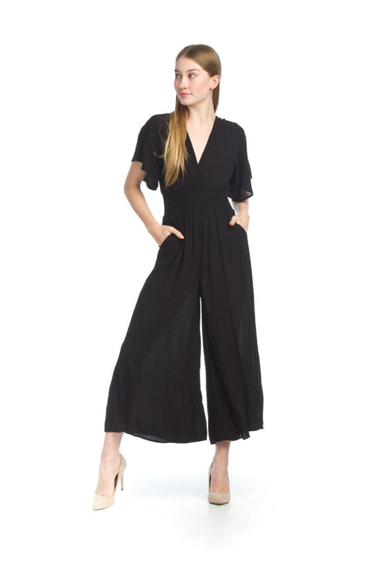 PP05829 BLACK Short Sleeve Jumpsuit with Smocked Waist