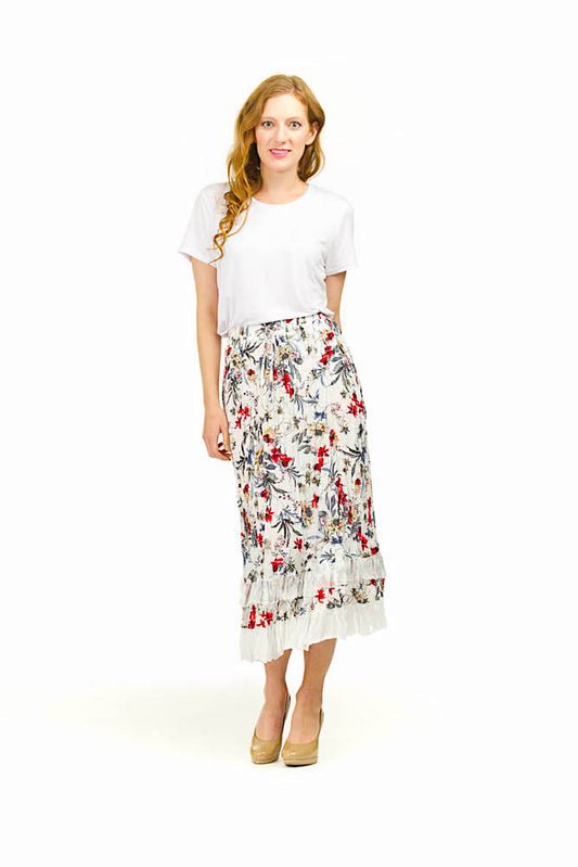 PS01910 WHITE Floral and Vine Print Ruffle Hem Skirt