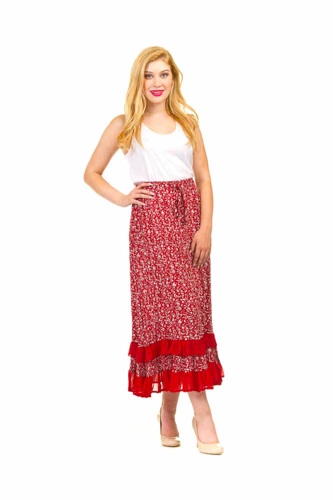 PS01912 RED Ditsey Floral Print Ruffle Hem skirt