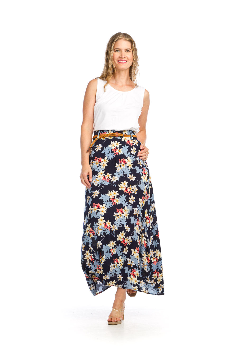 PS16902 NAVY Floral Maxi nSkirt with Braided Belt