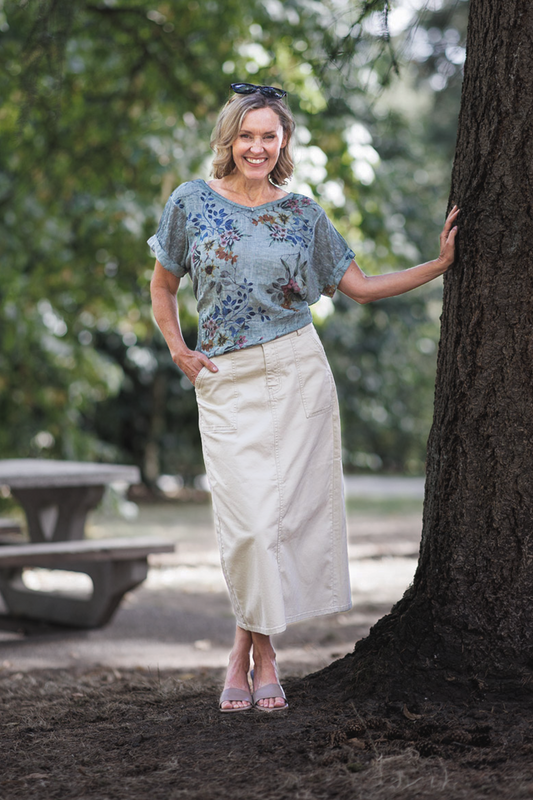 PS16905 BEIGE Stretch Denim Maxi Skirt with Front Slit