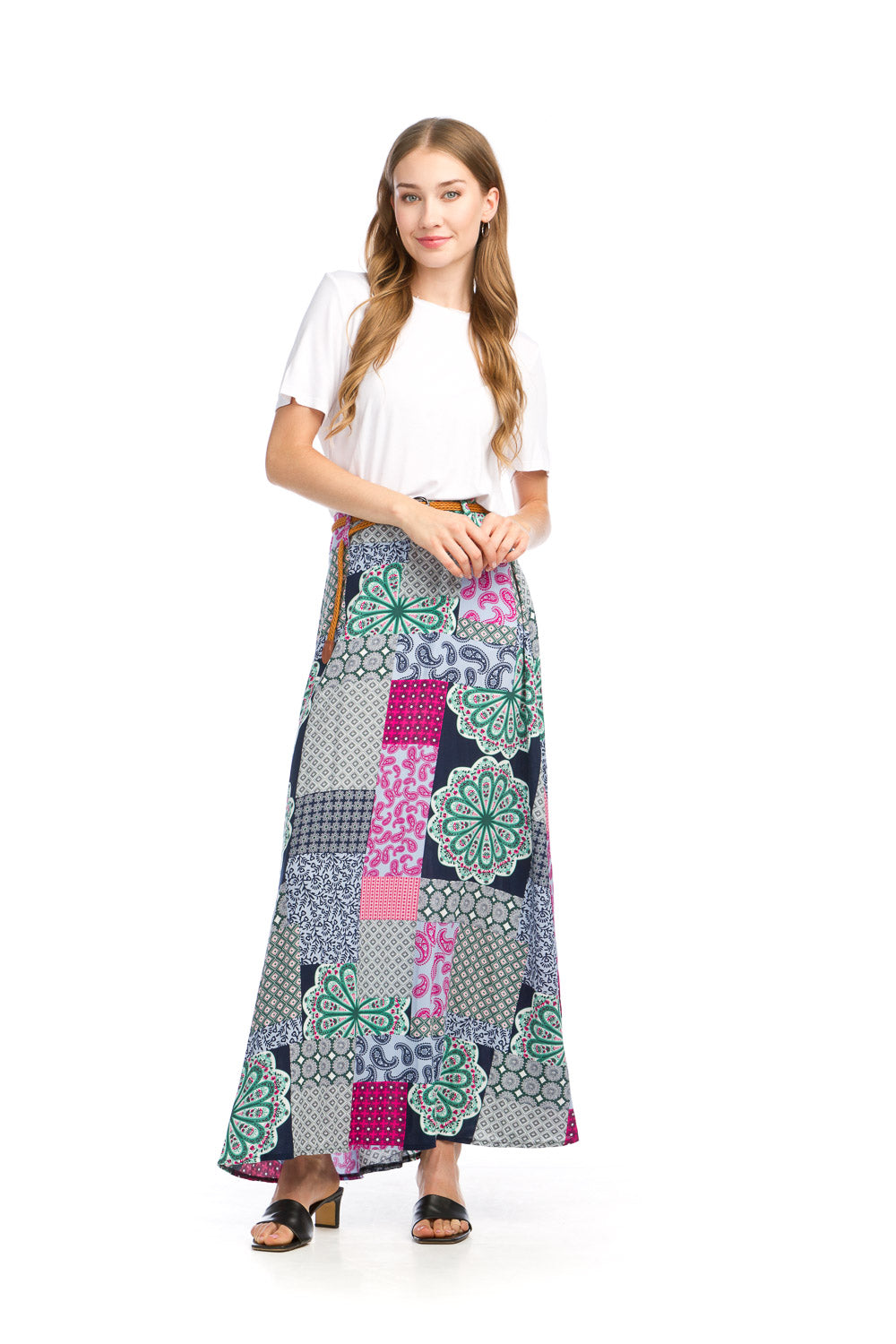 PS16912 NAVY Patchwork Printed Maxi Skirt with Braided Belt