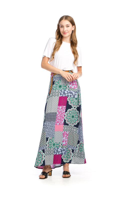 PS16912 NAVY Patchwork Printed Maxi Skirt with Braided Belt