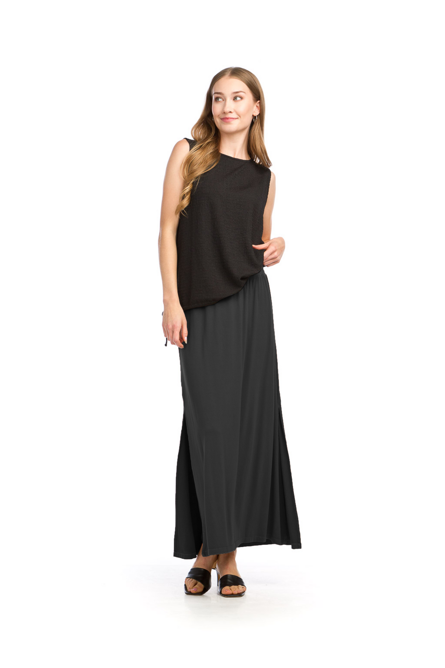 PS16915 BLACK Bamboo Knit Maxi Skirt with Slit