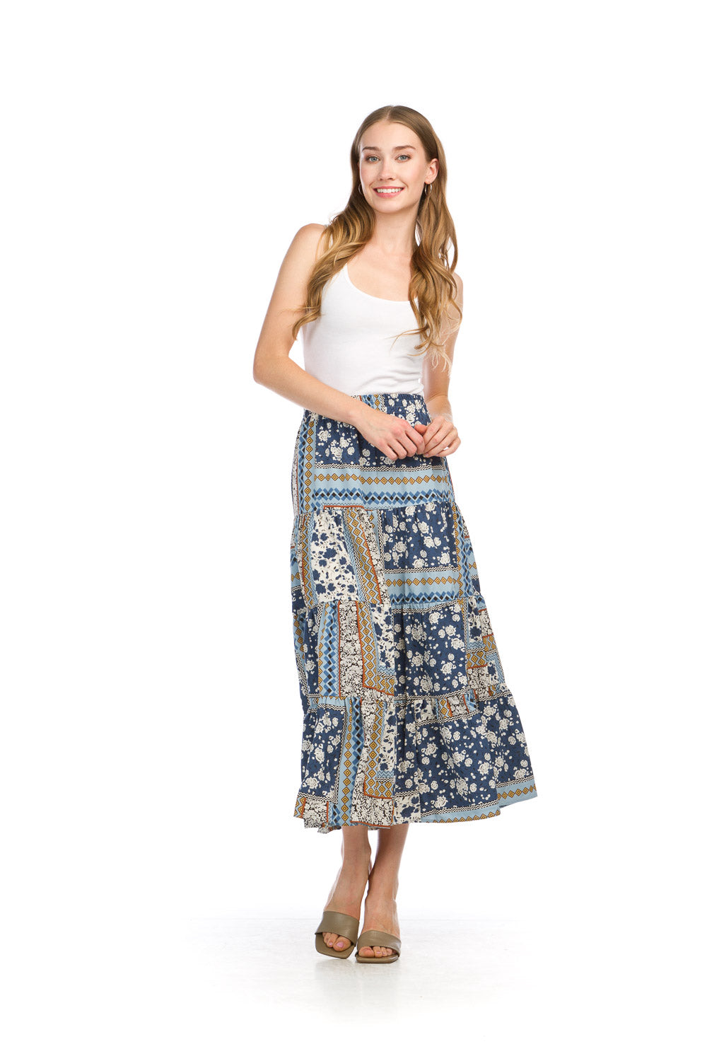 PS16916 BLUE Patchwork Maxi Skirt with Elastic Waist
