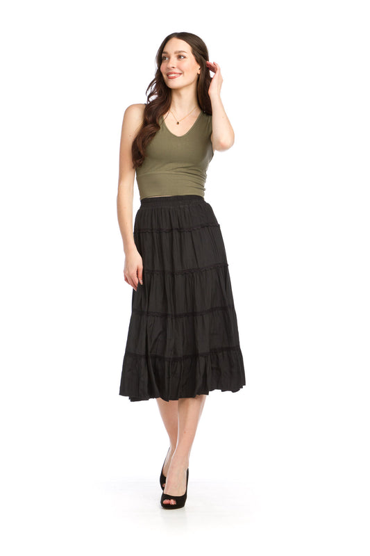 PS16917 BLACK Tiered Skirt with Lace Trim