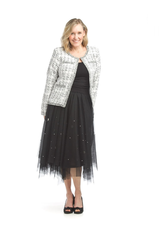 PS17910 BLACK Tulle Hanky Hem Skirt with Pearls (knit lining)