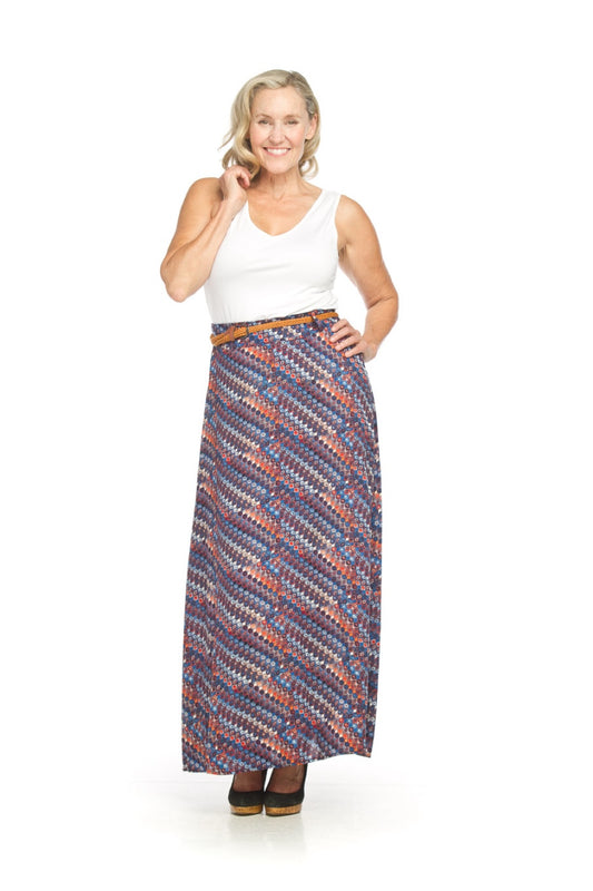 PS18904 NAVY Printed Maxi Skirt with Elastic Back Waist