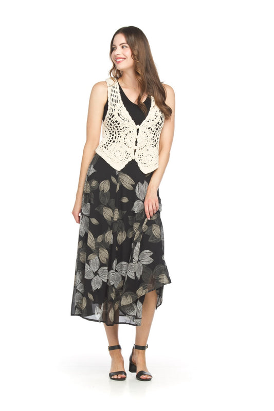 PS18905 BLACK Floral Georgette Midi Skirt with Elastic Bnack