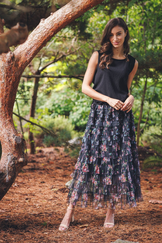 PS18909 BLACK Tiered Floral Skirt with Elastic Waist