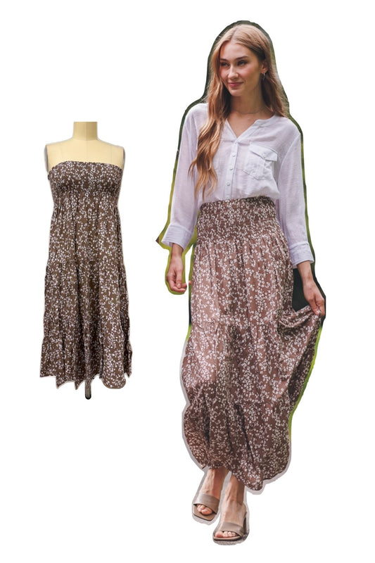 PS18911 BROWN Floral Convertible Tiered Maxi Skirt