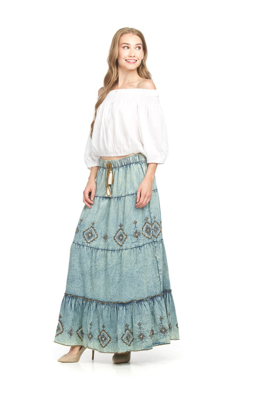 PS18913 DENIM Embroidered & Beaded Tiered Denim Maxi Skirt with