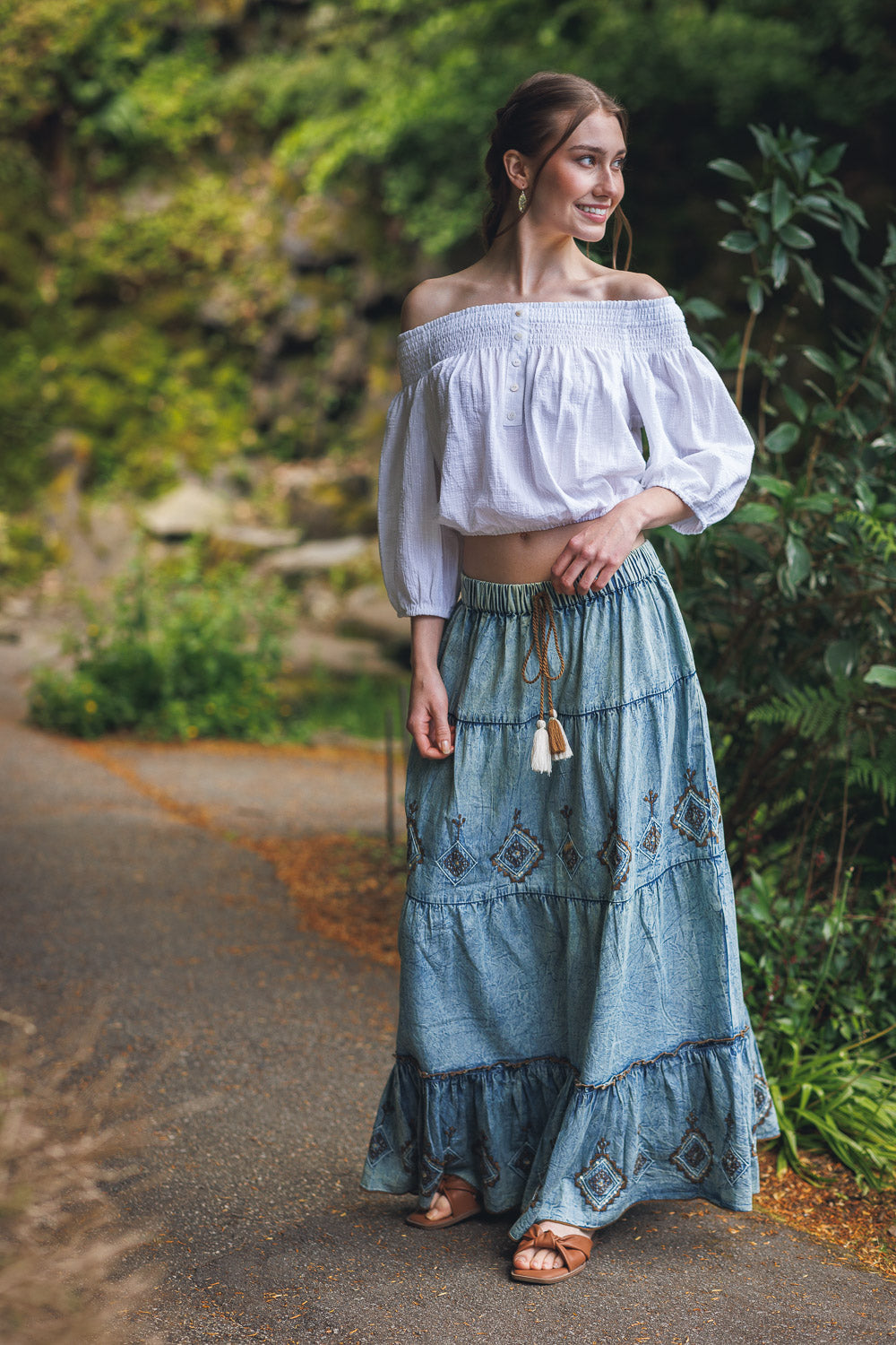 PS18913 DENIM Embroidered & Beaded Tiered Denim Maxi Skirt with