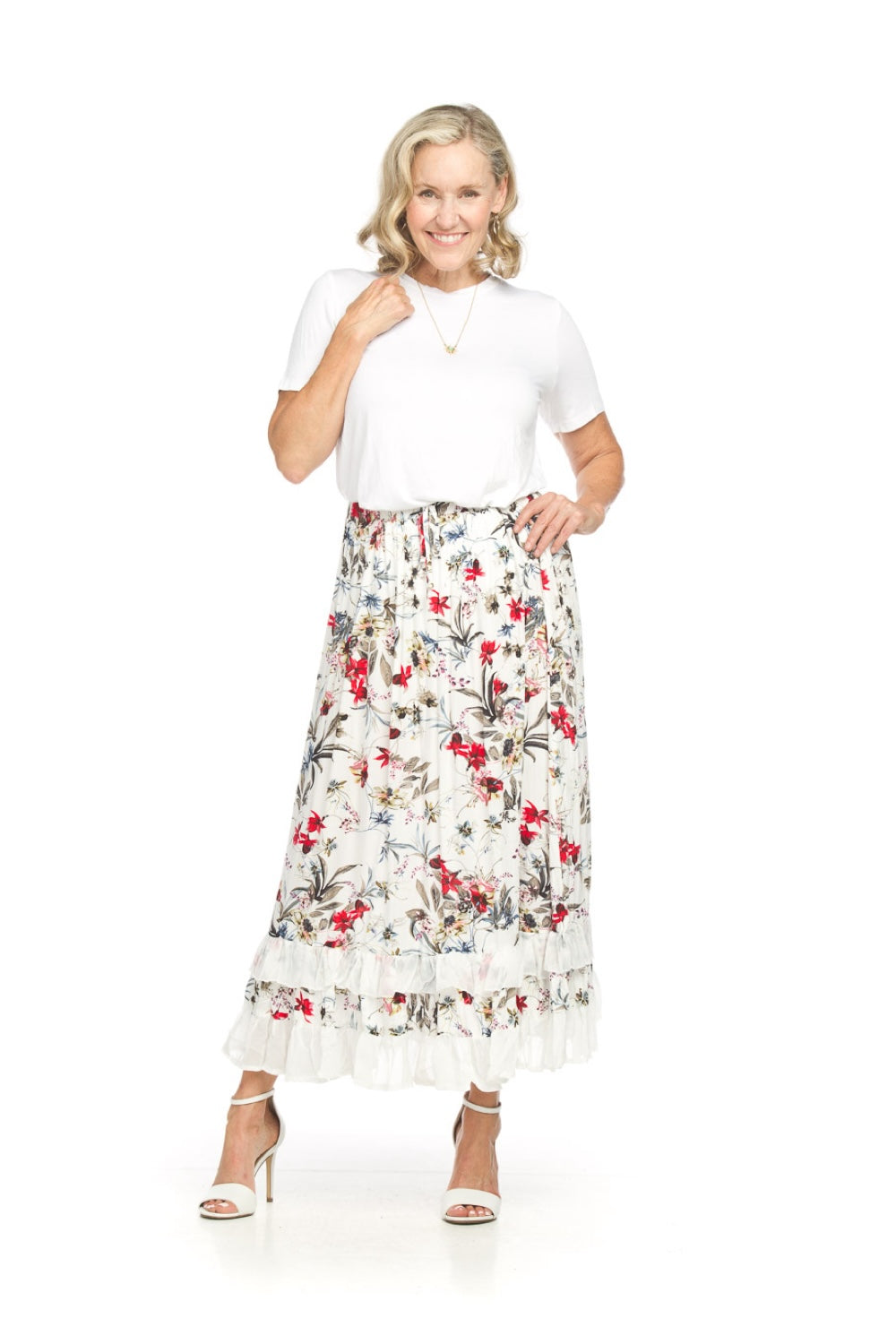 PS18917 WHITE Floral and Vine Print Ruffle Hem Skirt