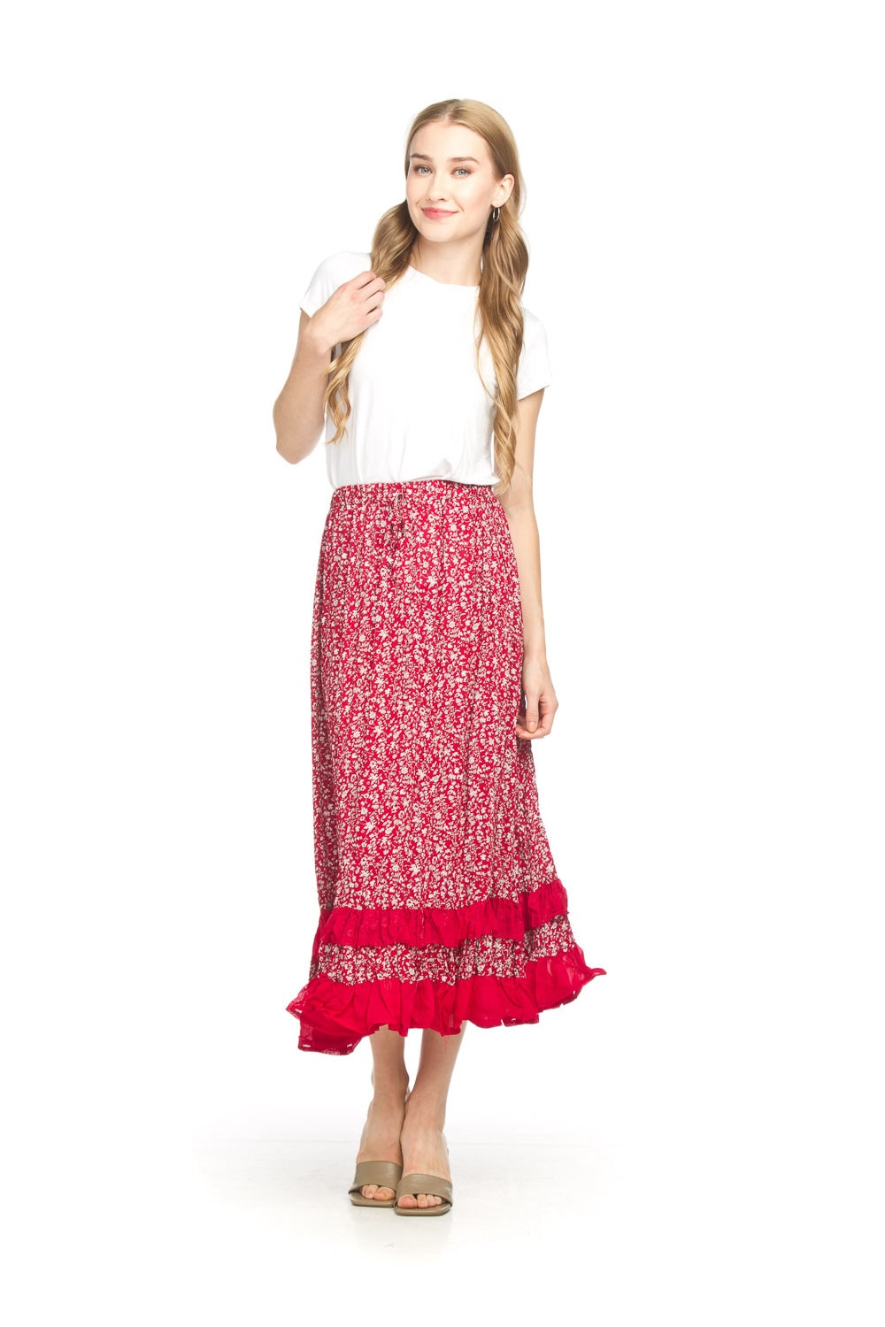 PS18918 RED Ditsey Floral Ruffle Hem Skirt