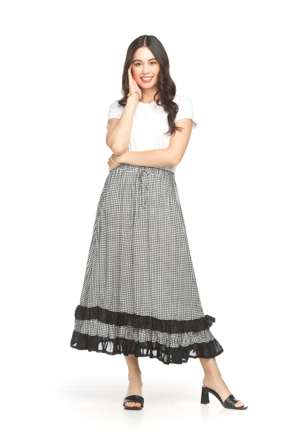 PS18919 BLKWH Gingham Check Ruffle Hem Skirt