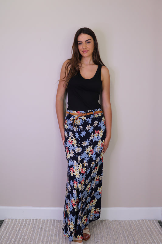 PS16902 NAVY Floral Maxi nSkirt with Braided Belt