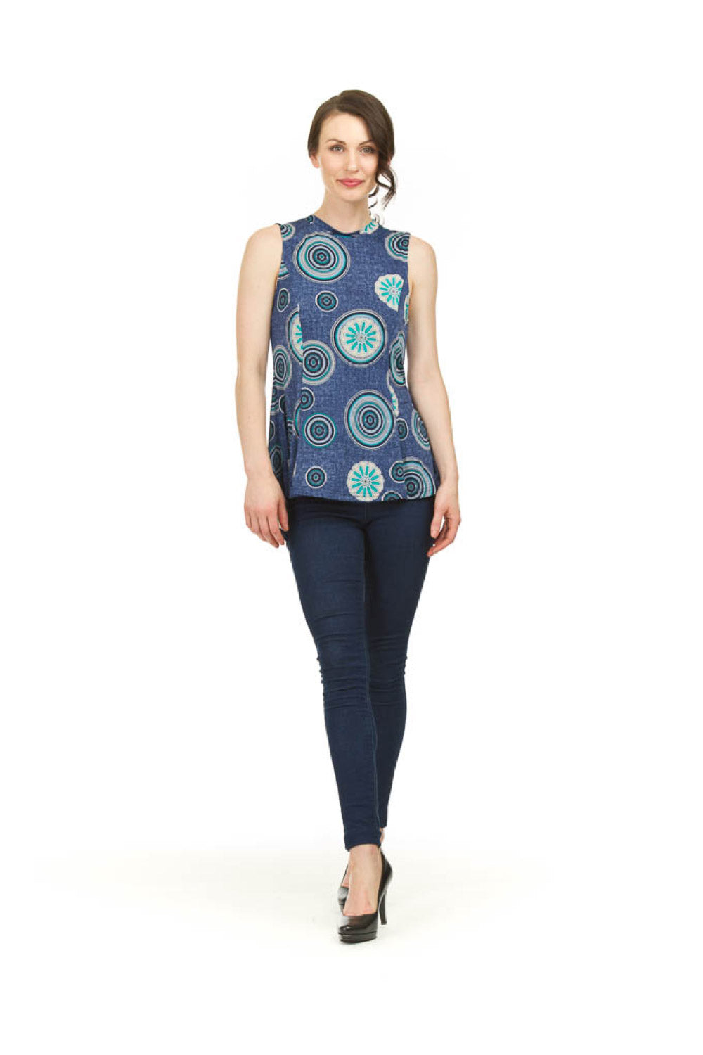 PT03057 NAVY Textured Mandala Sleeveless Top w High Neck