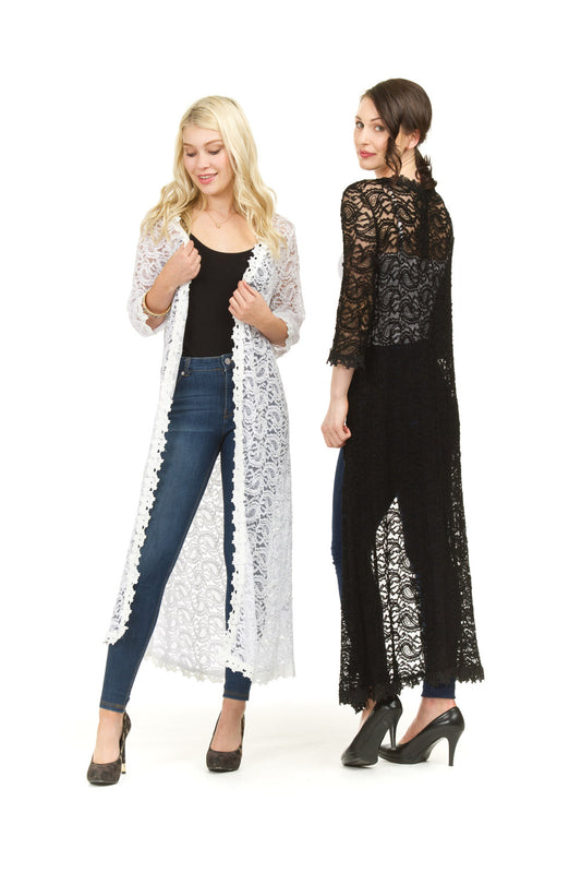 PT03138 BLACK Paisley Stretch Lace Duster