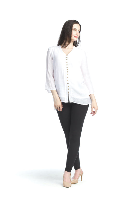 PT05036 WHITE Button Down Blouse with Tab Sleeves