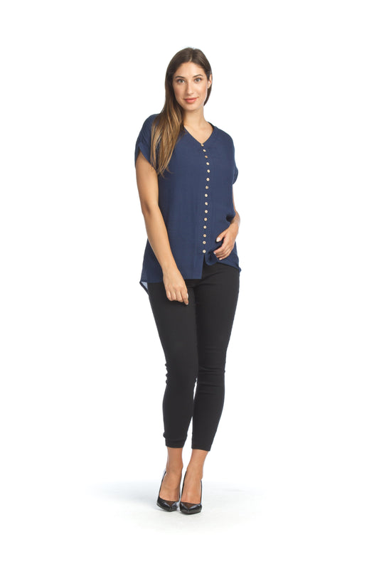 PT05124 NAVY Short Sleeve Button Front Blouse