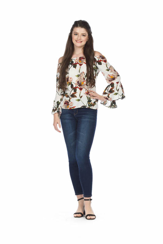 PT05135 WHITE Floral OTS Blouse with furrle Sleeves