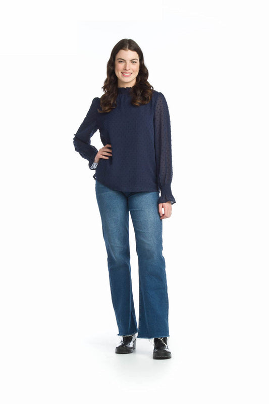 PT06016 NAVY Tufted Mock Neck Blouse