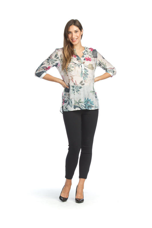 PT07032 BLUE Floral Crinkle Blouse with Tab sleeves