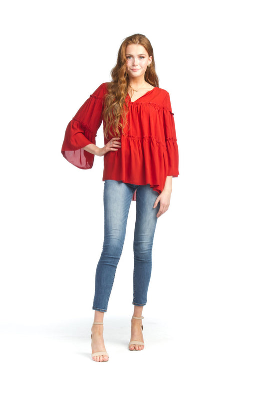 PT07036 RUST Tiered 3/4 Sleeve Blouse