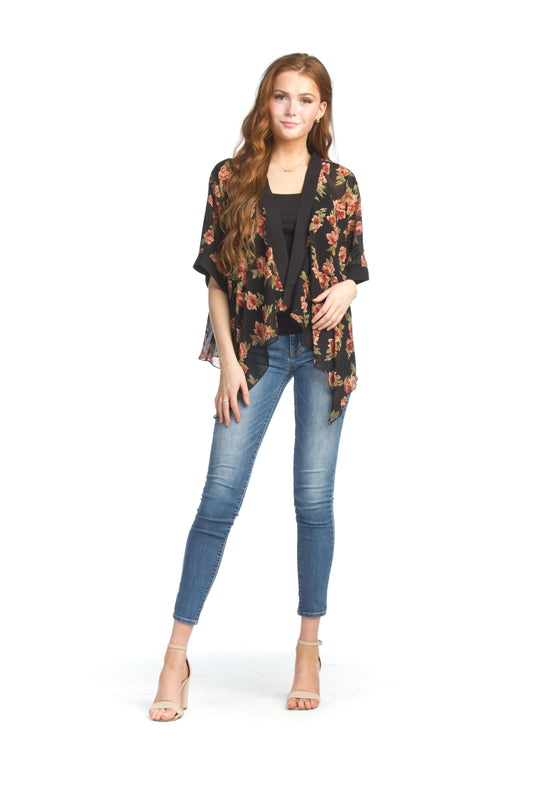 PT07102 BLACK Floral Drape Coverup